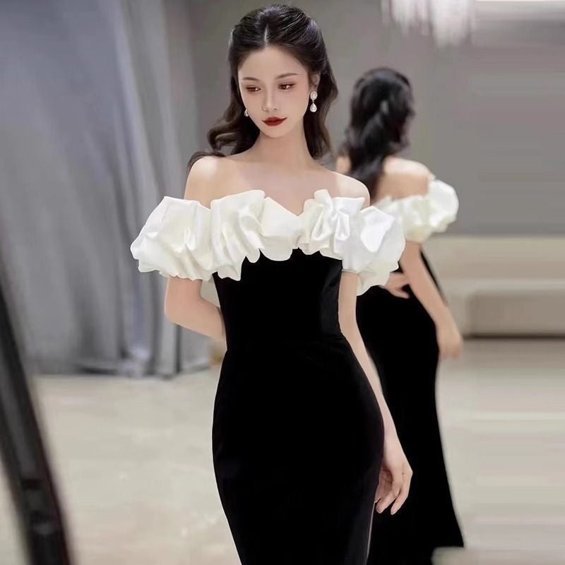 Black Evening Dress Style French One-Shoulder Accessible Luxury Elegant Slimming Look Celebrity Host Fishtail - Image 3